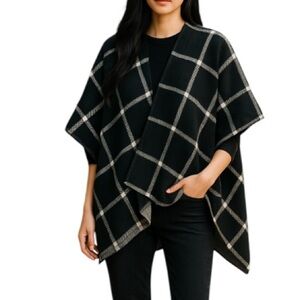 LAUREN RALPH LAUREN Reversable Cape Black Plaid/ Grey Herringbone Prep Classic